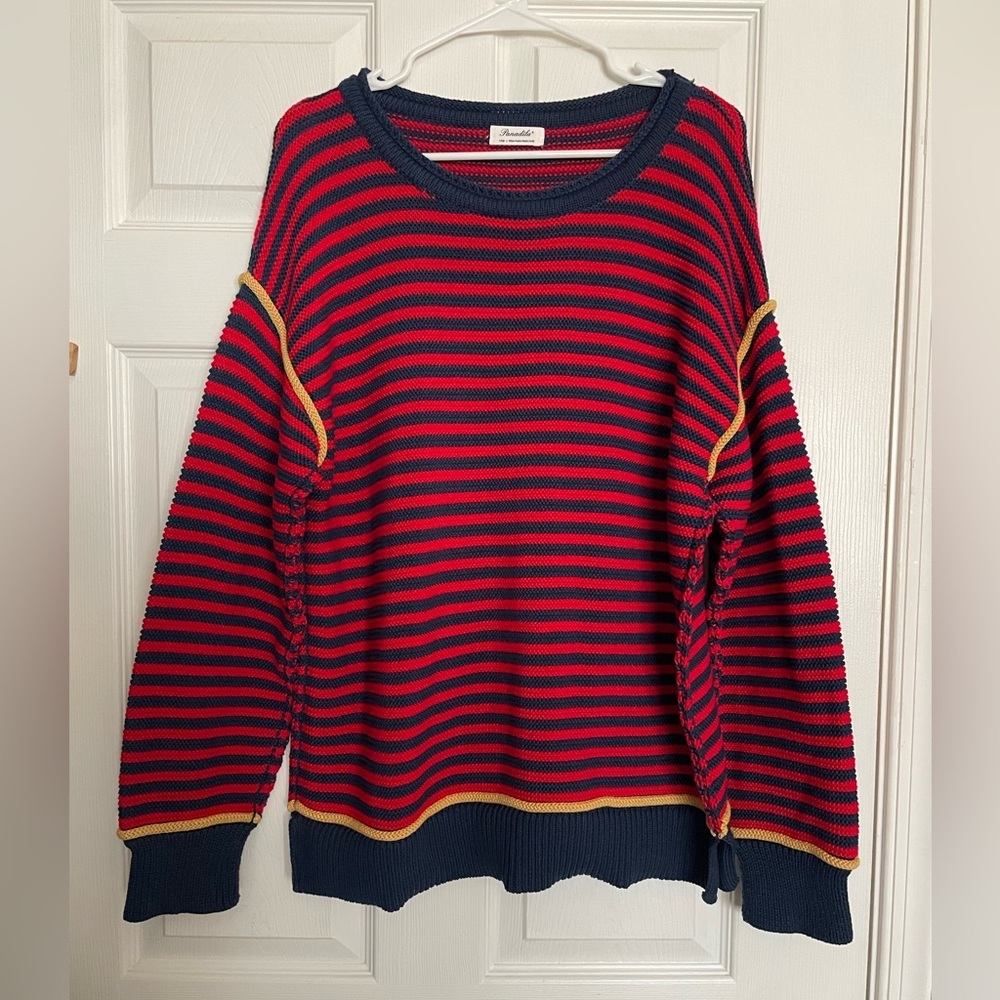 Panadila Women’s Sweater Striped Red and Navy with Gold/Yellow Accents size L